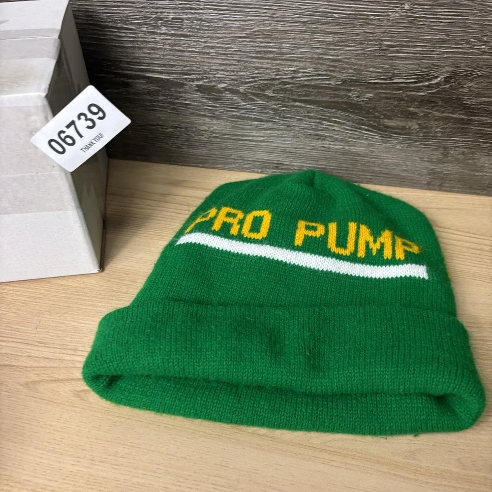 Vintage Pro Pump Hat Beanie Fitted Mens Large Green Cuffed Knit Advertising‎ 90s